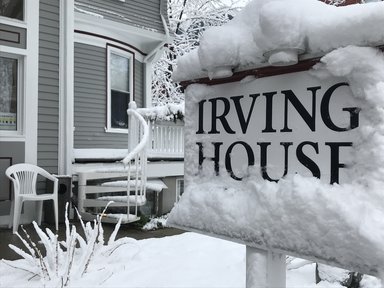 Irving House sign in winter